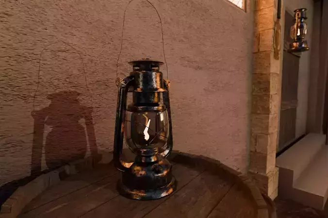 Lantern with A Barrel and Crate