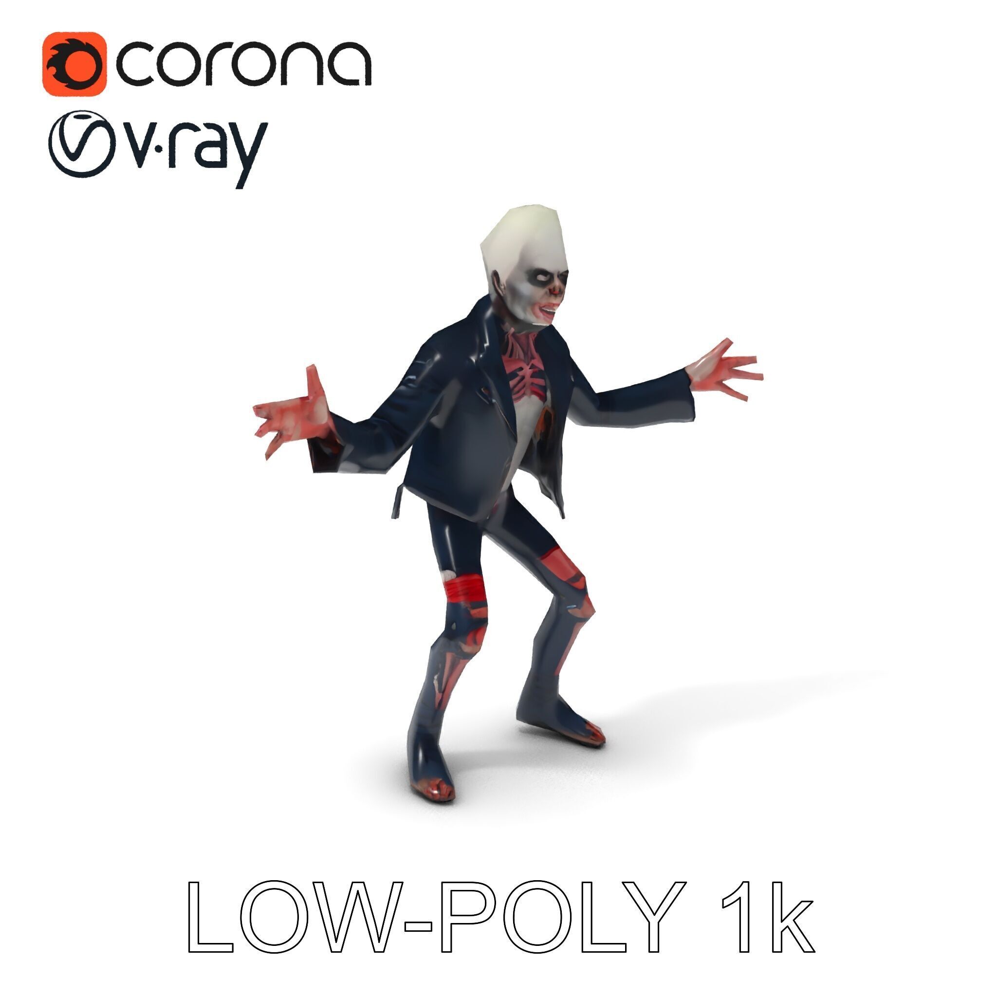 Undead Punk Zombie with Ripped Clothing and Spiked Hair in TPose Low-poly 3D model_13