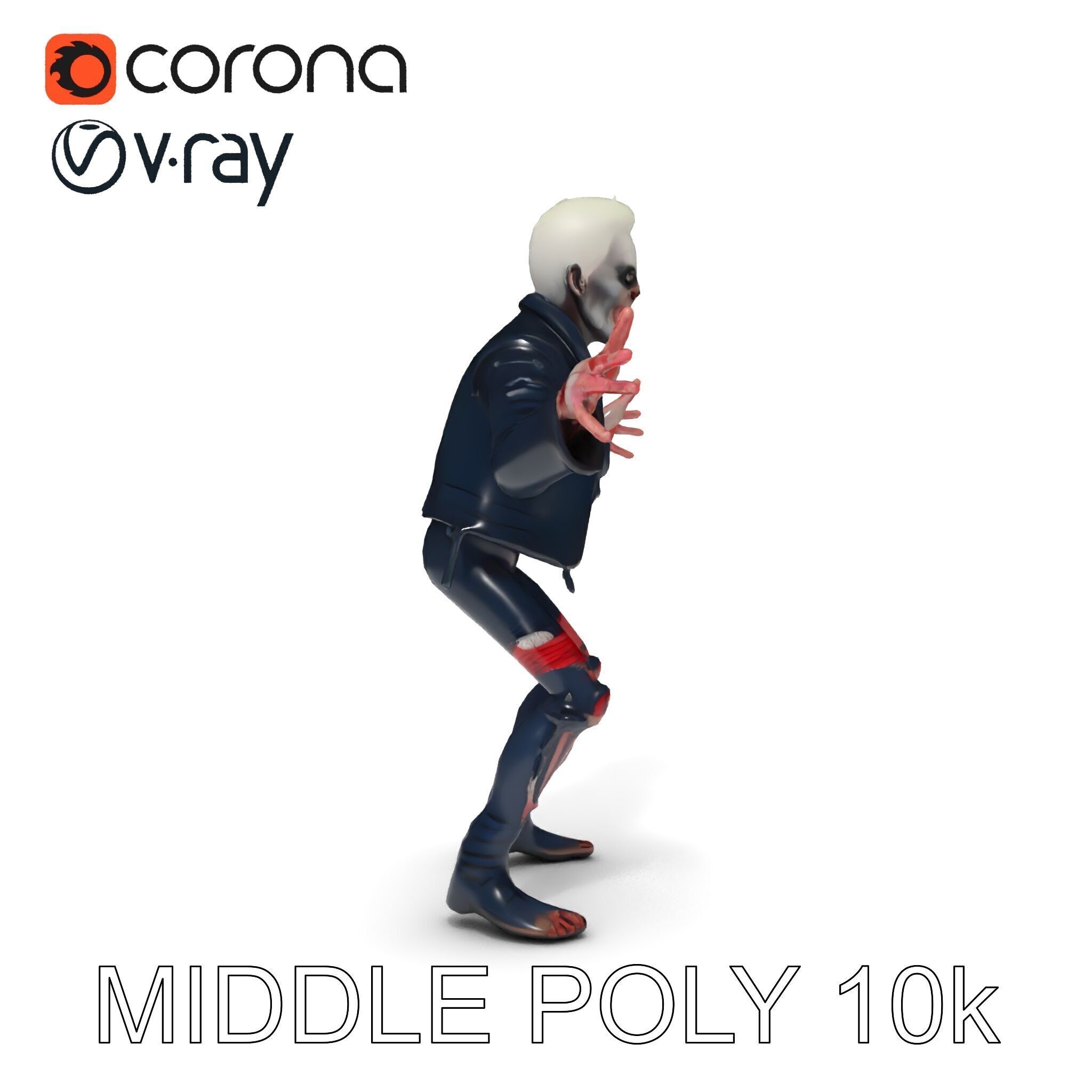 Undead Punk Zombie with Ripped Clothing and Spiked Hair in TPose Low-poly 3D model_6