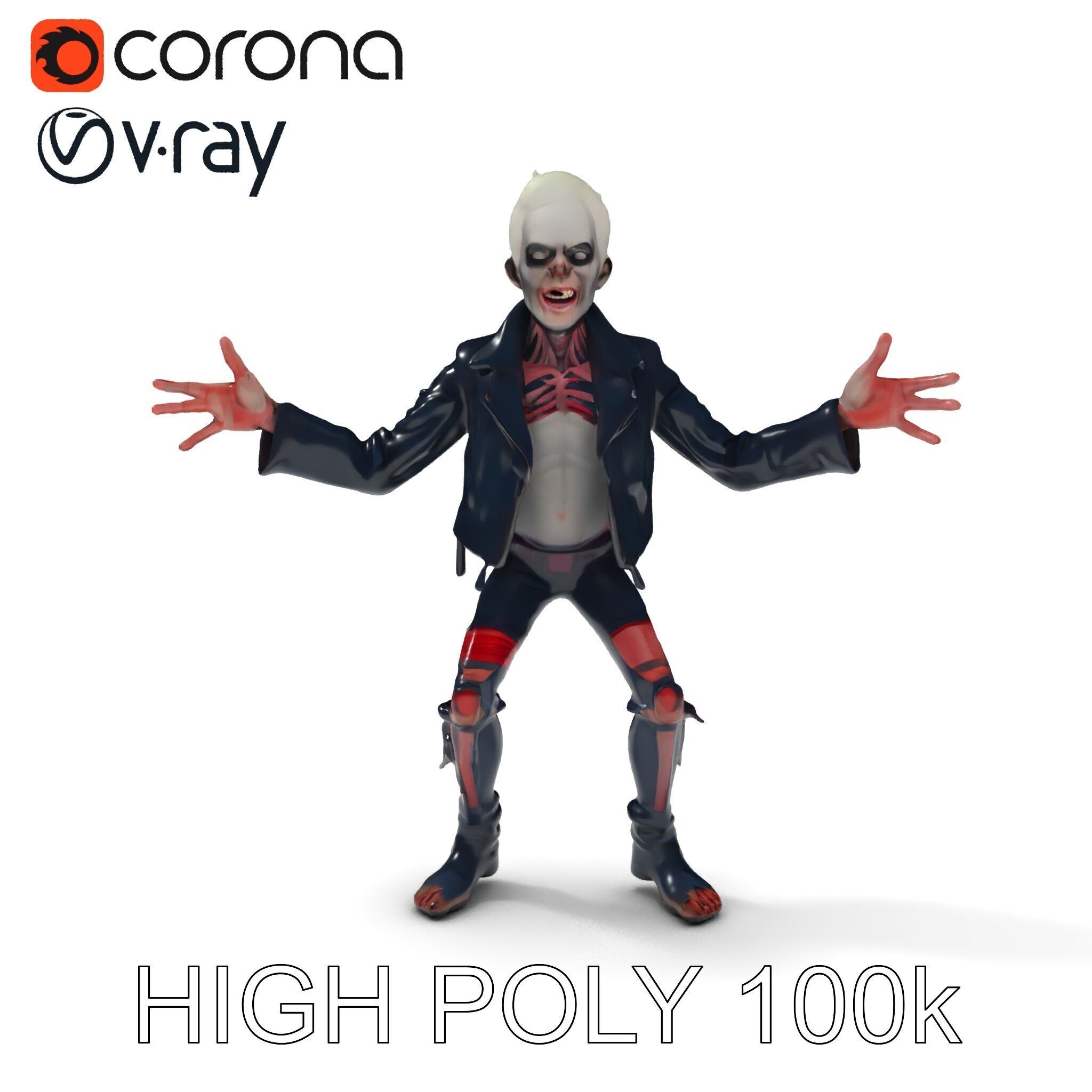 Undead Punk Zombie with Ripped Clothing and Spiked Hair in TPose Low-poly 3D model_11