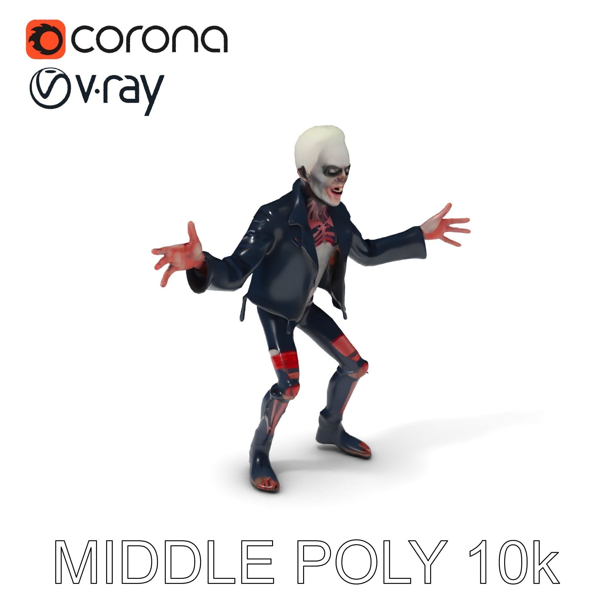 Undead Punk Zombie with Ripped Clothing and Spiked Hair in TPose Low-poly 3D model_18