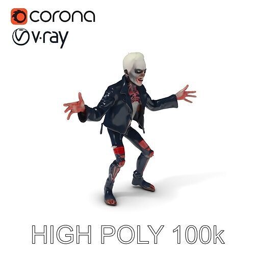 Undead Punk Zombie with Ripped Clothing and Spiked Hair in TPose Low-poly 3D model