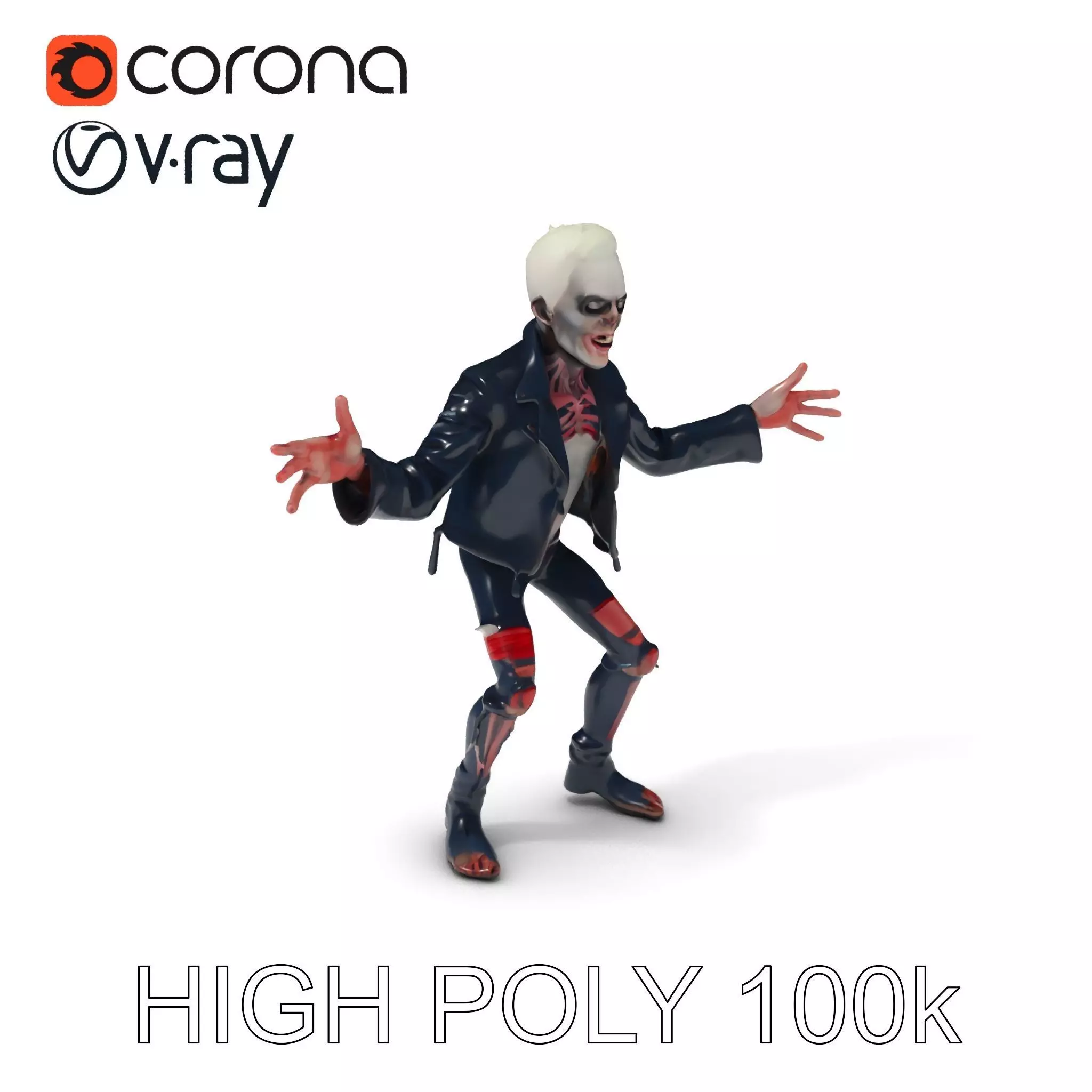 Undead Punk Zombie with Ripped Clothing and Spiked Hair in TPose Low-poly 3D model_0