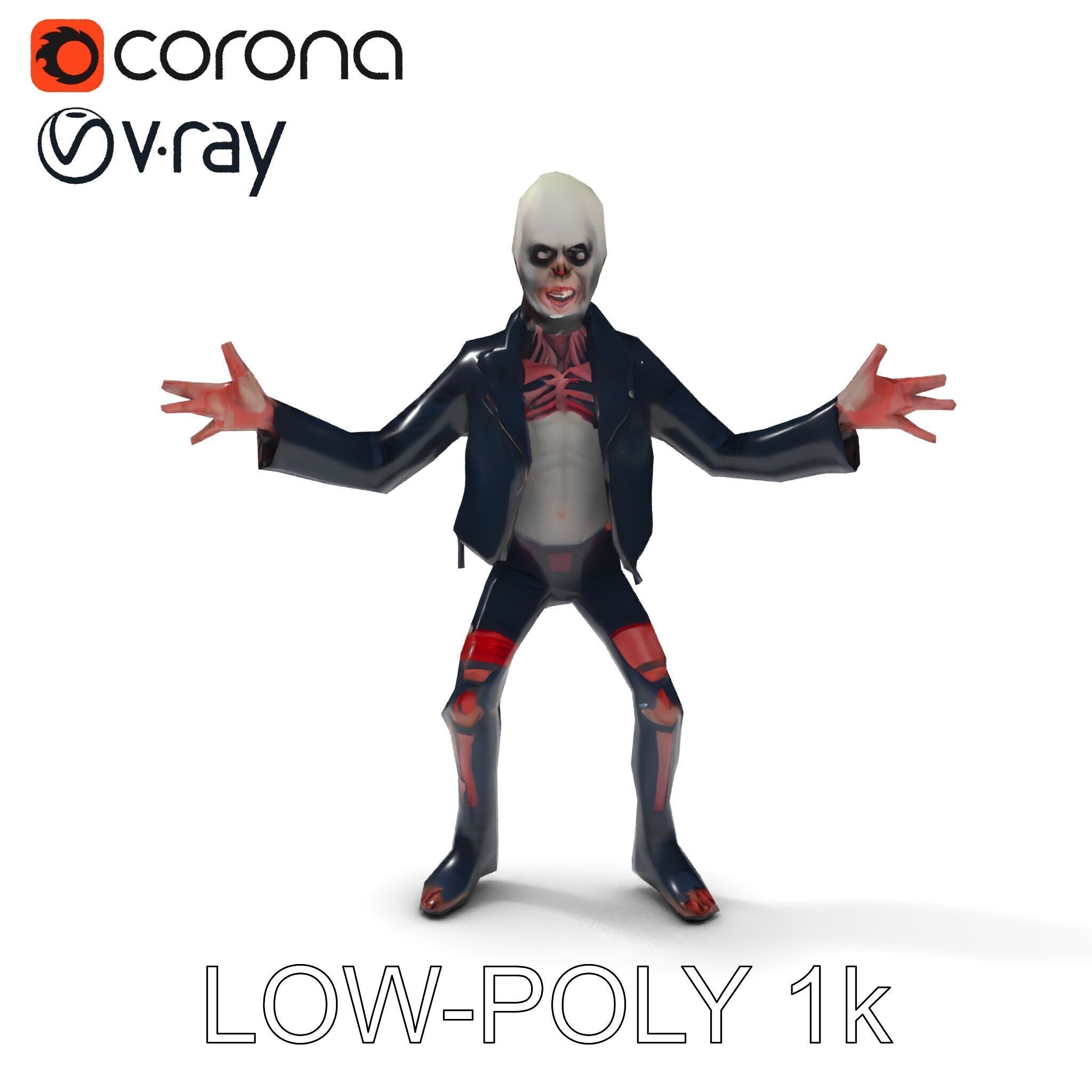 Undead Punk Zombie with Ripped Clothing and Spiked Hair in TPose Low-poly 3D model_30