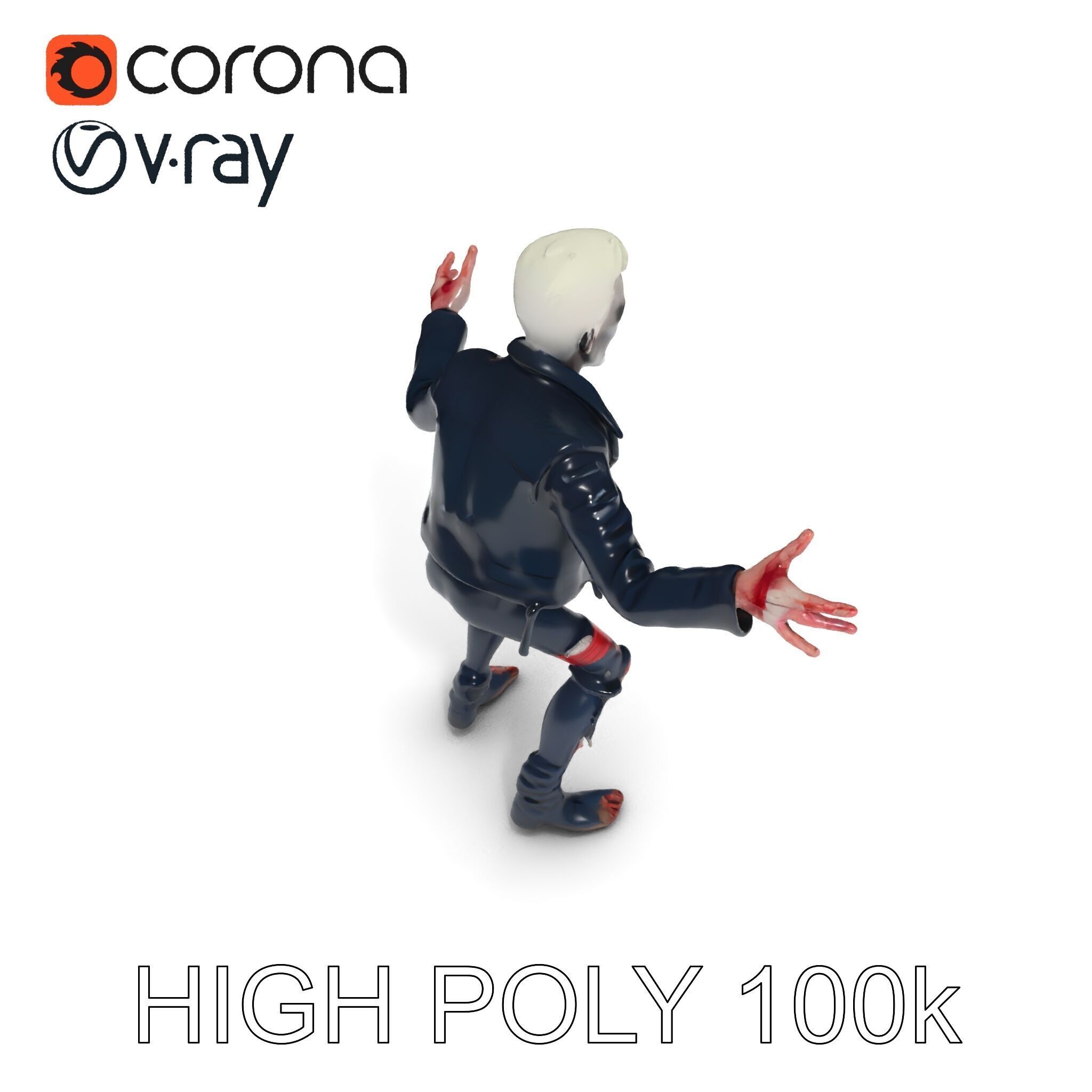 Undead Punk Zombie with Ripped Clothing and Spiked Hair in TPose Low-poly 3D model_23