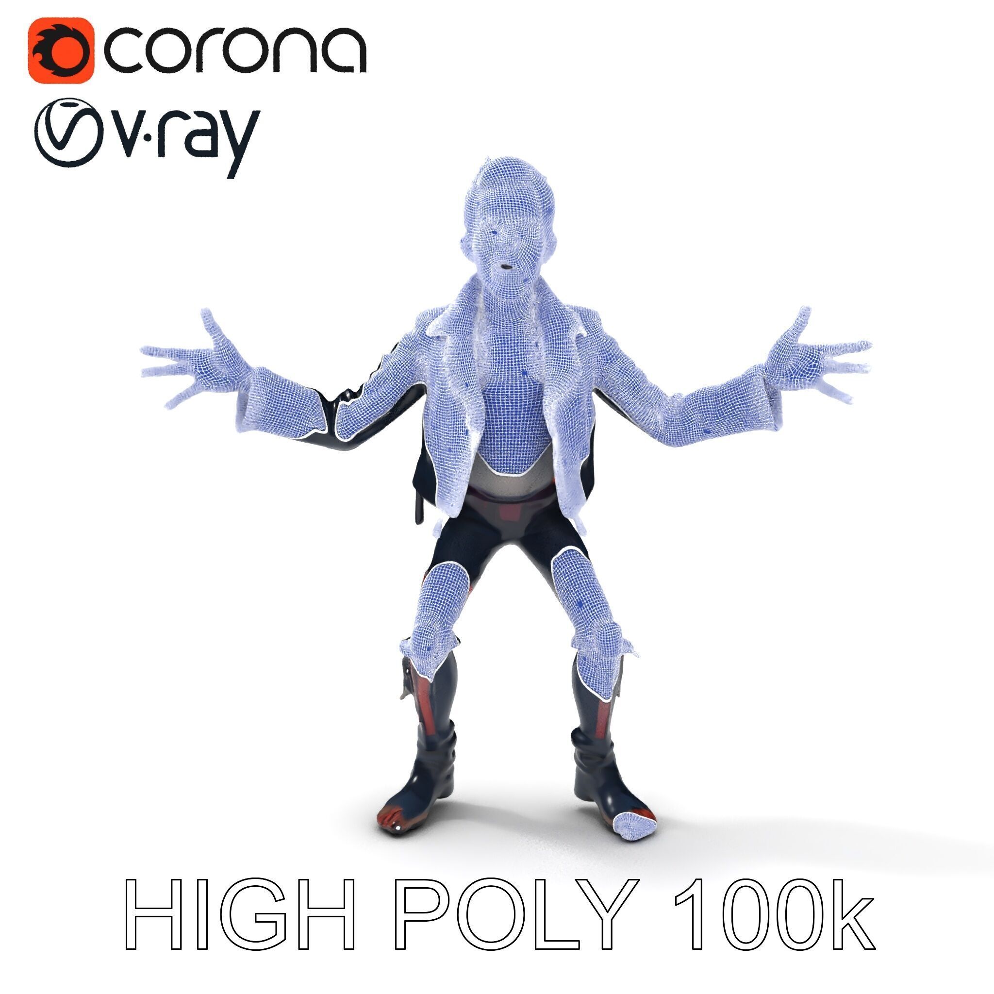 Undead Punk Zombie with Ripped Clothing and Spiked Hair in TPose Low-poly 3D model_35