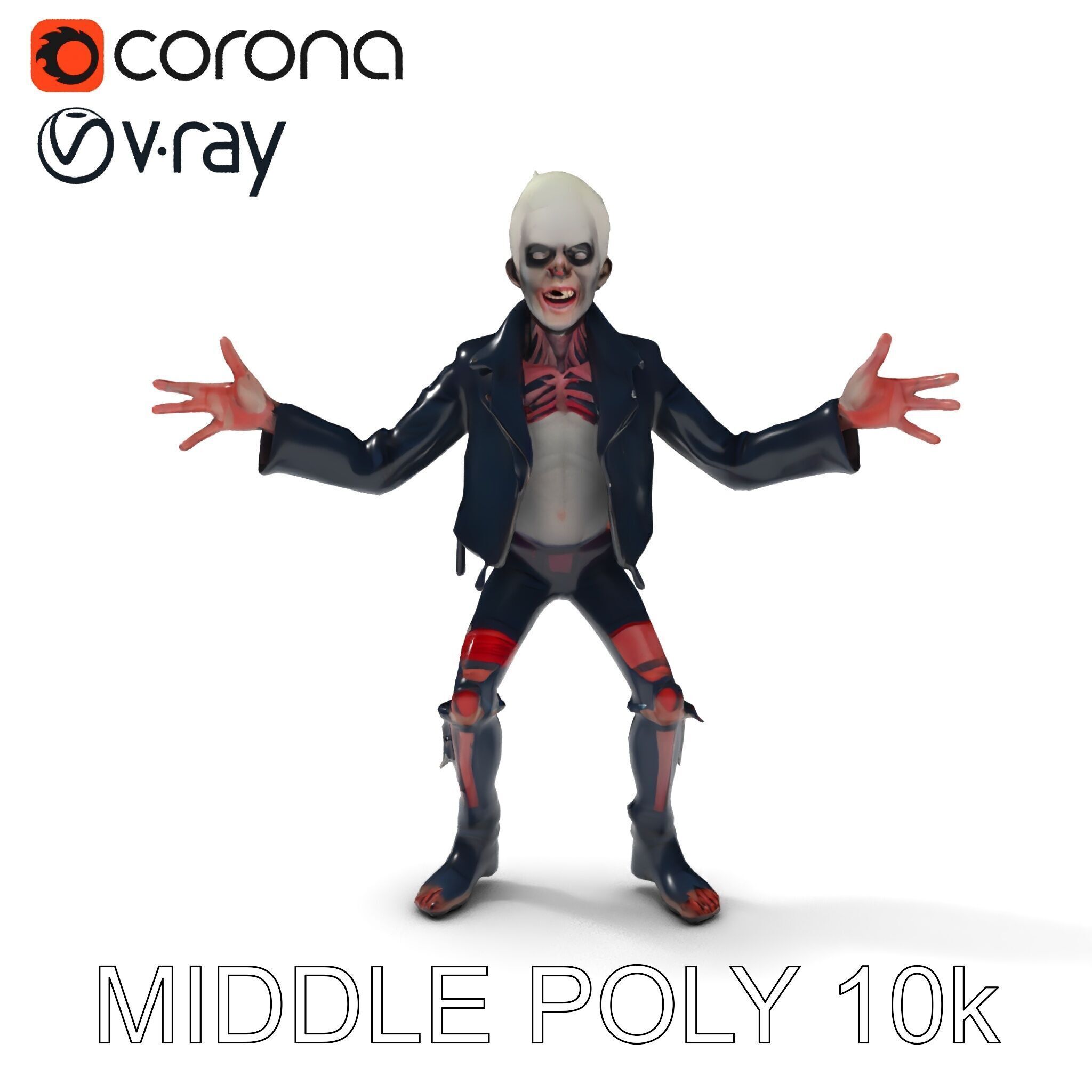 Undead Punk Zombie with Ripped Clothing and Spiked Hair in TPose Low-poly 3D model_36