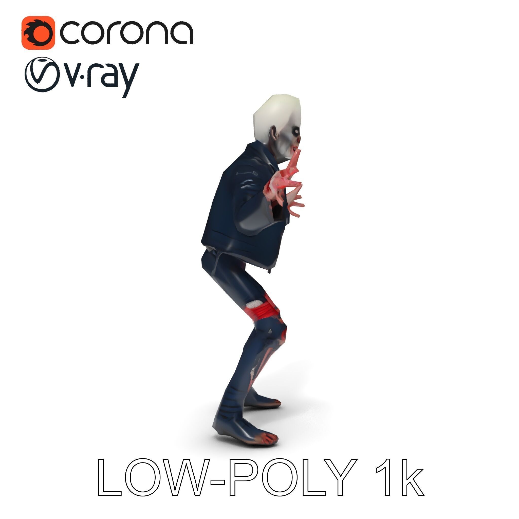 Undead Punk Zombie with Ripped Clothing and Spiked Hair in TPose Low-poly 3D model_25