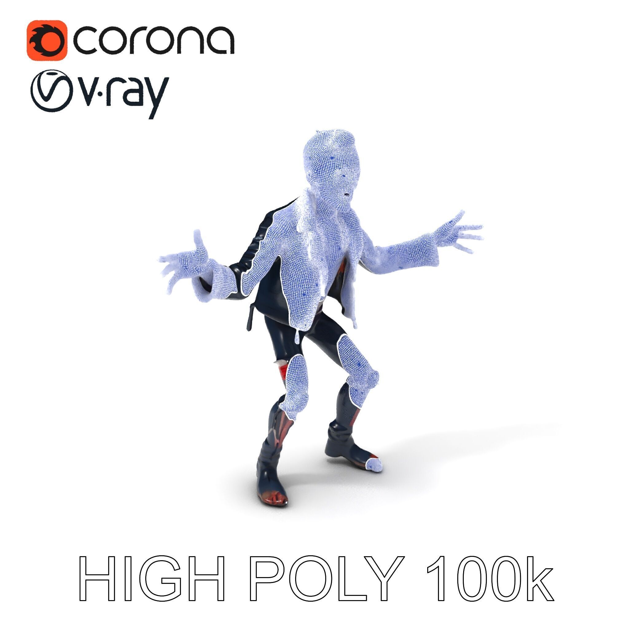 Undead Punk Zombie with Ripped Clothing and Spiked Hair in TPose Low-poly 3D model_3