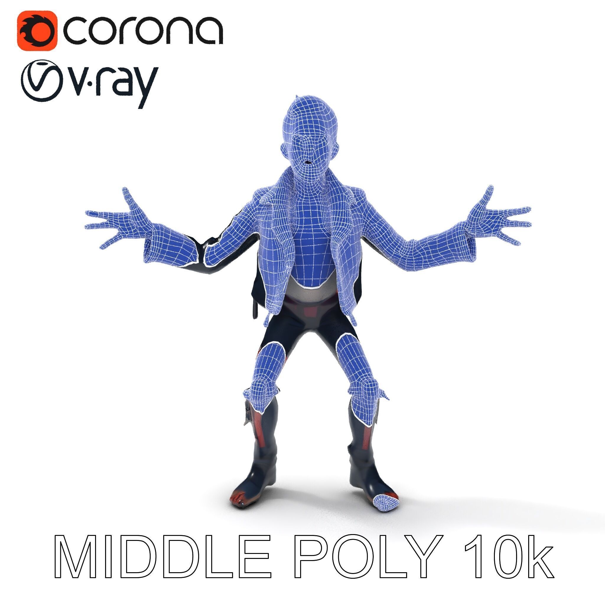 Undead Punk Zombie with Ripped Clothing and Spiked Hair in TPose Low-poly 3D model_12