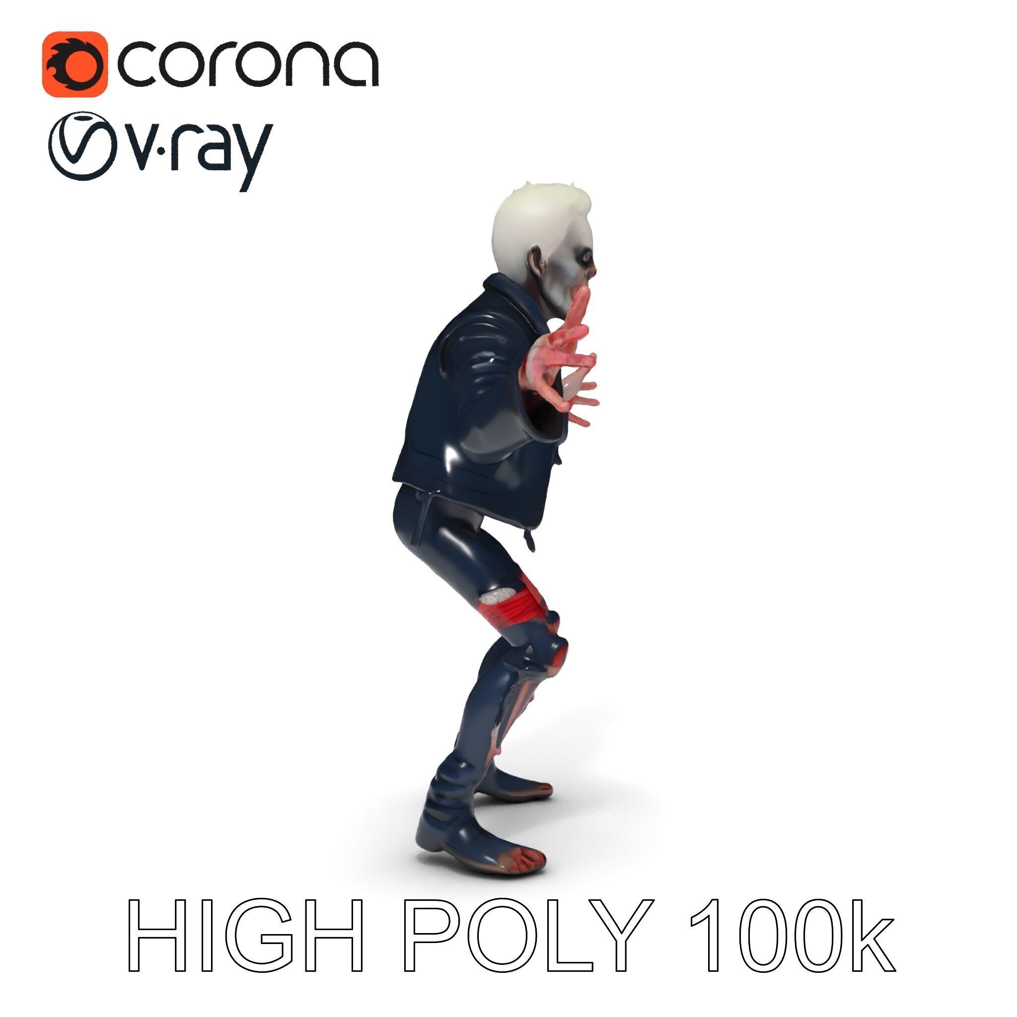 Undead Punk Zombie with Ripped Clothing and Spiked Hair in TPose Low-poly 3D model_8