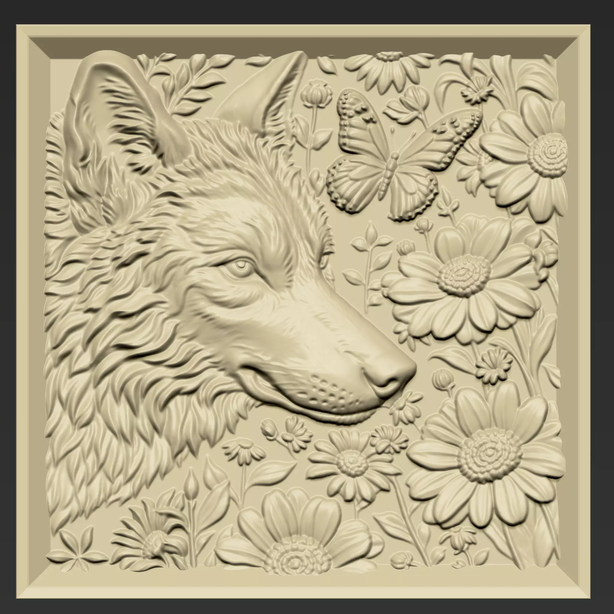 Wolf Head and Flowers A52 3D print model