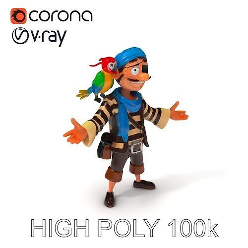 Cheerful Pirate with Parrot D Model  Rigged and Animated Low-poly 3D model