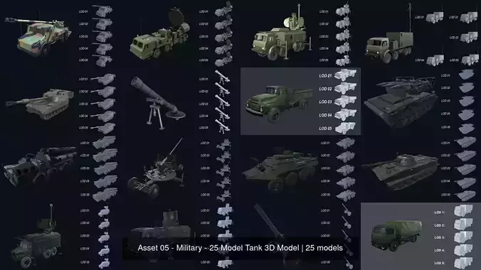 Asset 06 - Military - 25 Model Tank 3D Model 3D Model Collection