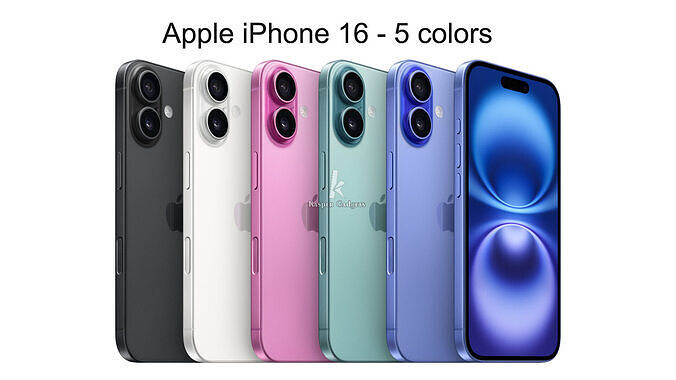 Apple iPhone 16 Black White Pink Teal Ultramarine 5 colors 3D print model