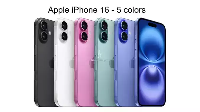 Apple iPhone 16 Black White Pink Teal Ultramarine 5 colors 3D print model
