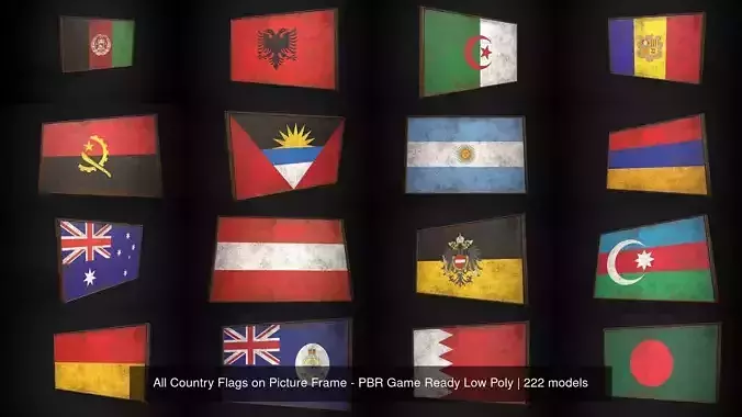 All Country Flags on Picture Frame - PBR Game Ready Low Poly 3D Model Collection