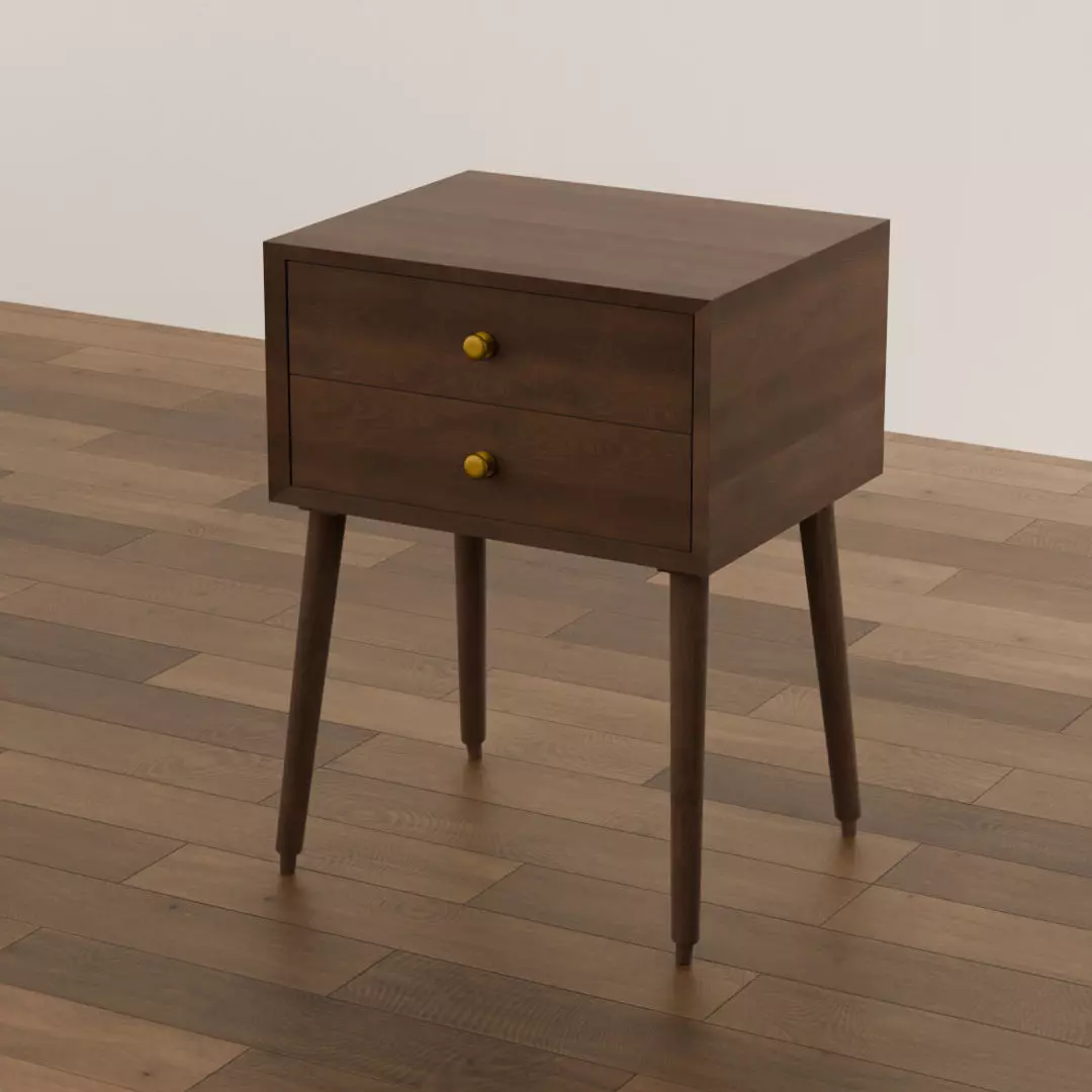 Retro Wooden Bedside Table with Gold Knobs Low-poly 3D model