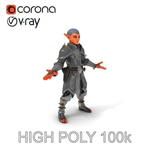 SilverElf Warrior D Model with Armor and Elven Features Low-poly 3D model