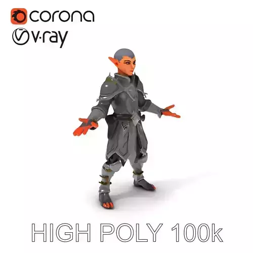SilverElf Warrior D Model with Armor and Elven Features Low-poly 3D model