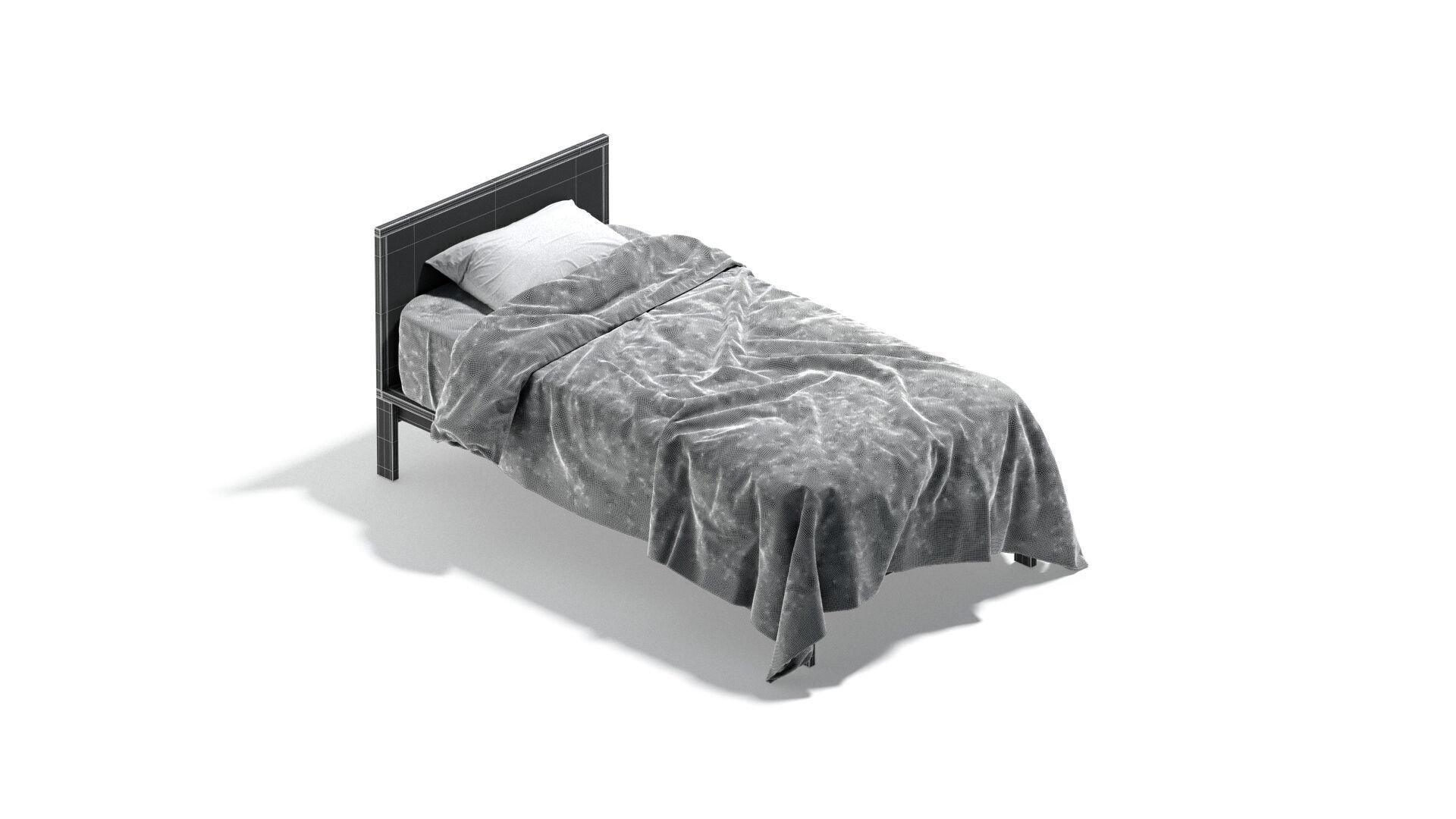 White Wooden Single Bed with pillow and mattress 3D model_8