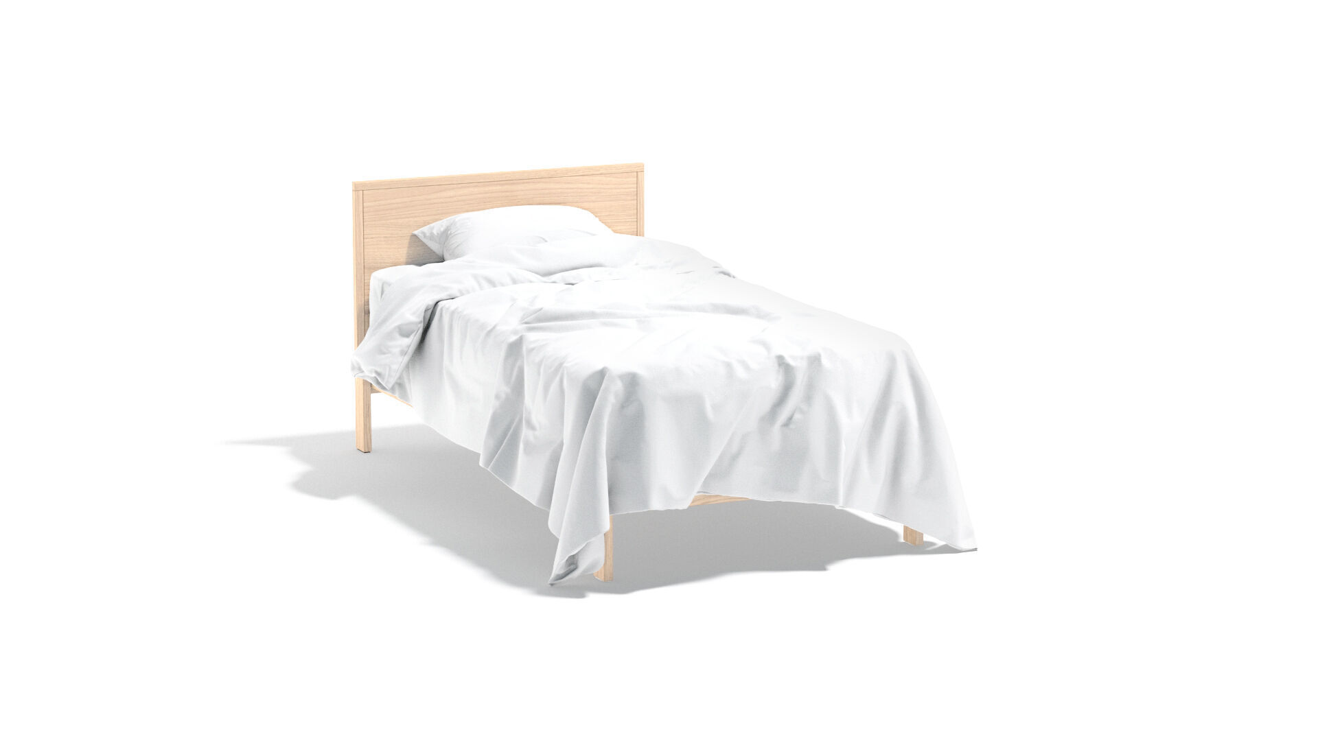 White Wooden Single Bed with pillow and mattress 3D model_1