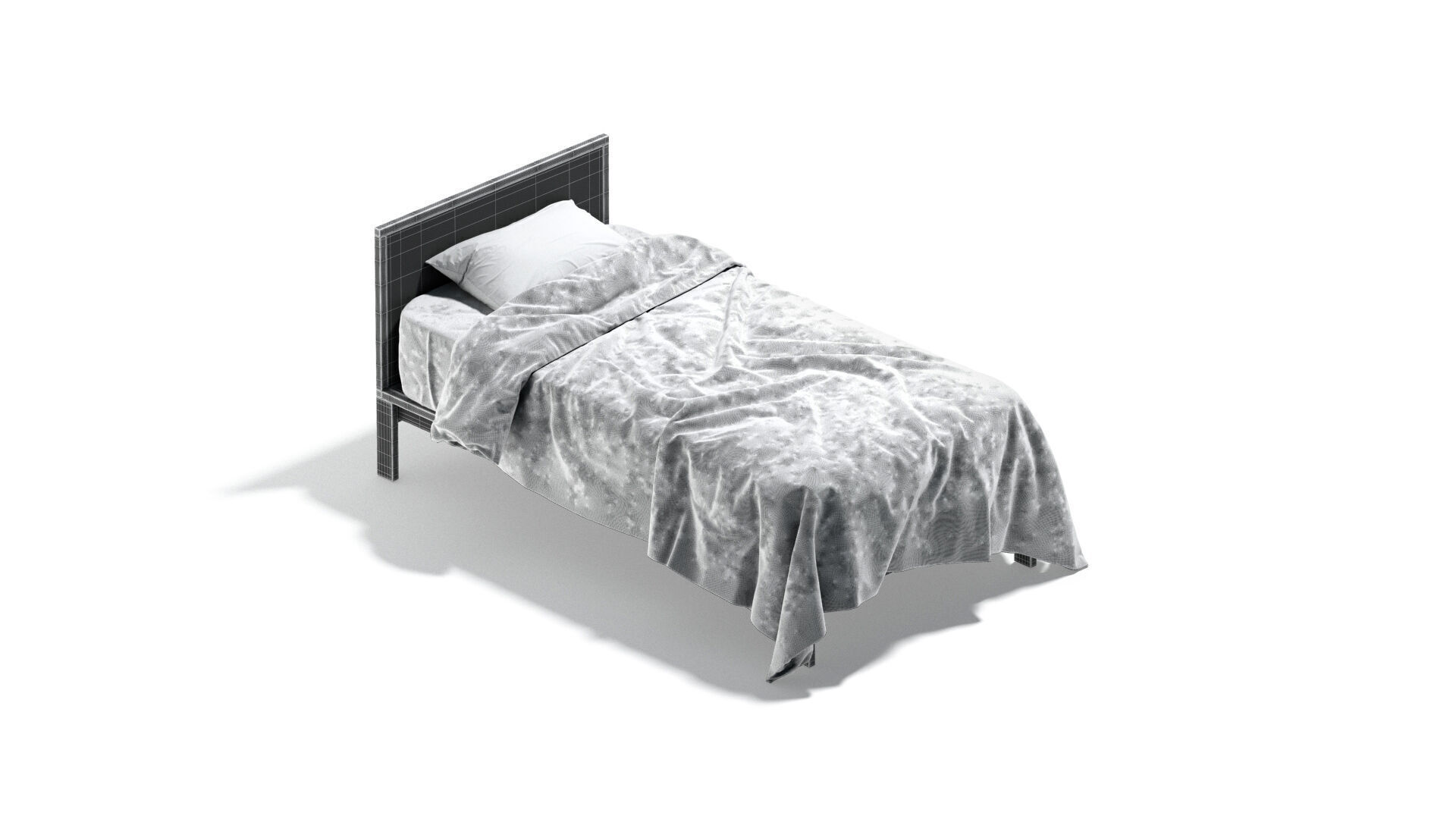 White Wooden Single Bed with pillow and mattress 3D model_9