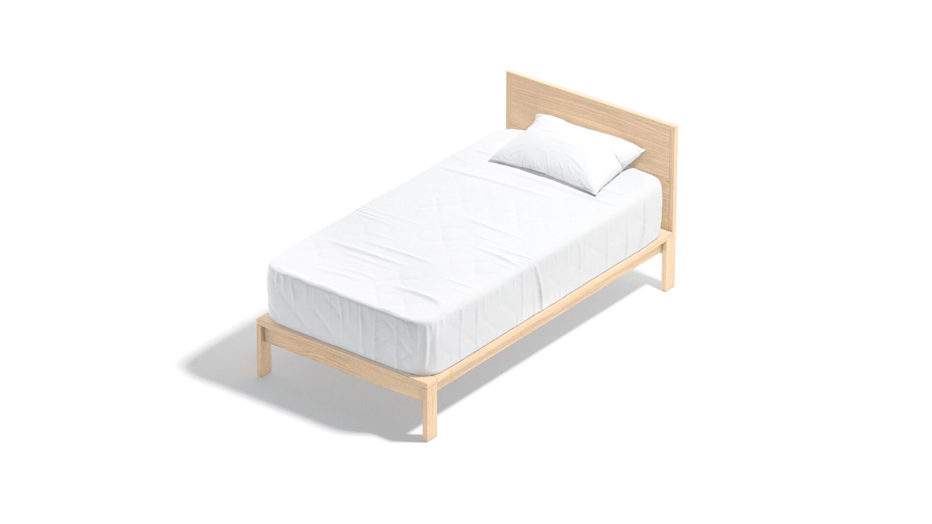 White Wooden Single Bed with pillow and mattress 3D model_4