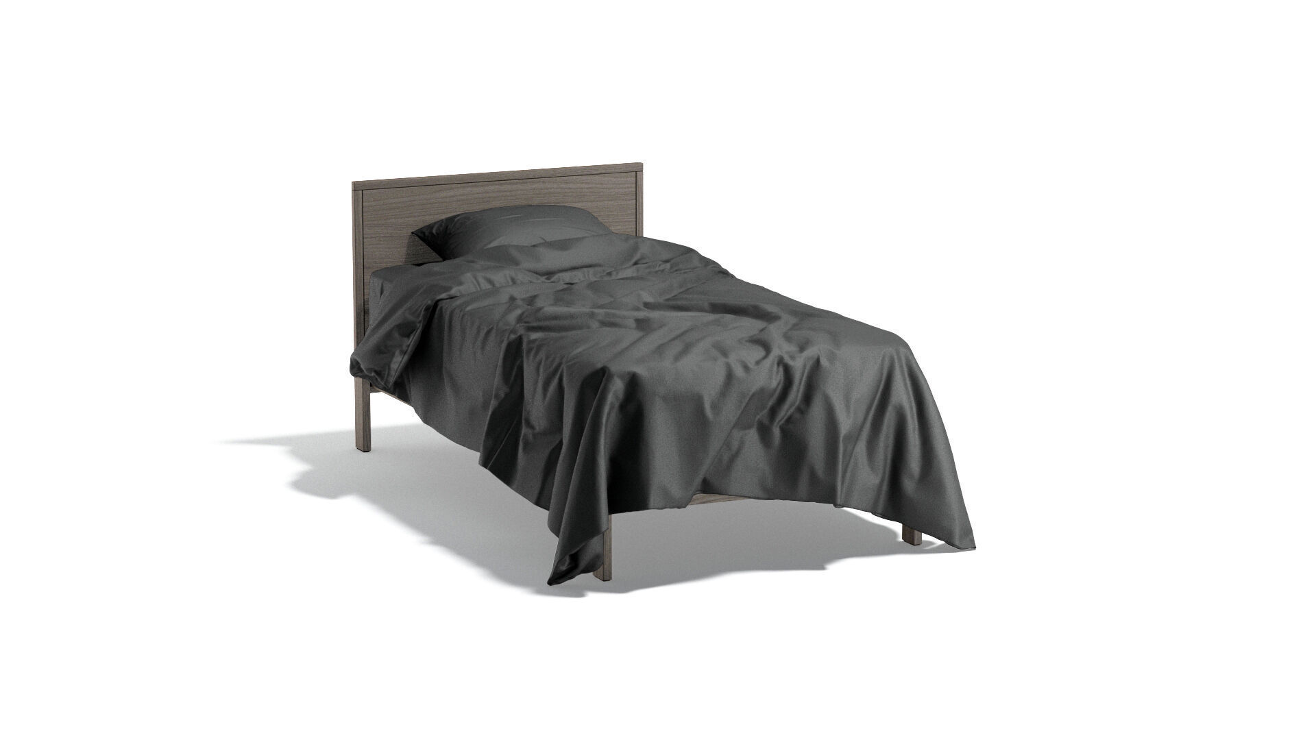 Black Wooden Single Bed with pillow and mattress 3D model_1