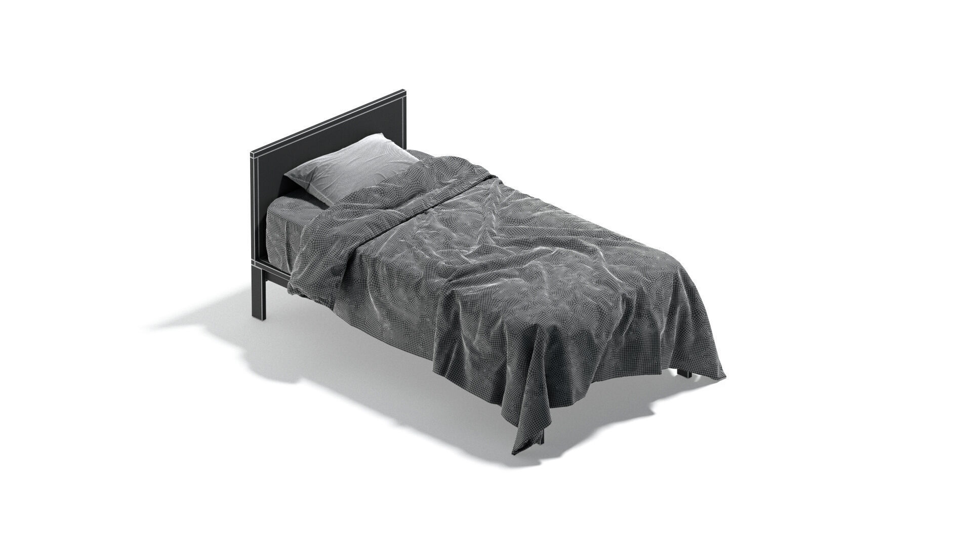 Black Wooden Single Bed with pillow and mattress 3D model_7