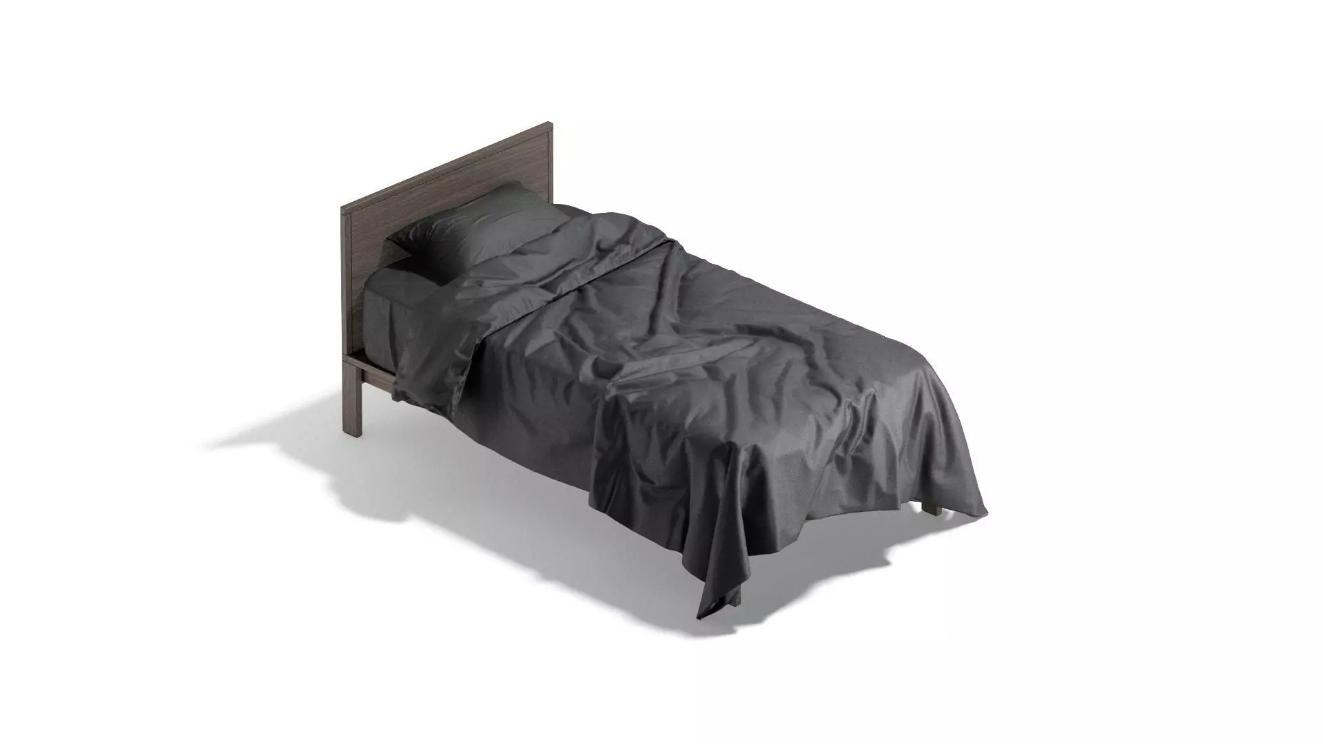 Black Wooden Single Bed with pillow and mattress 3D model_0