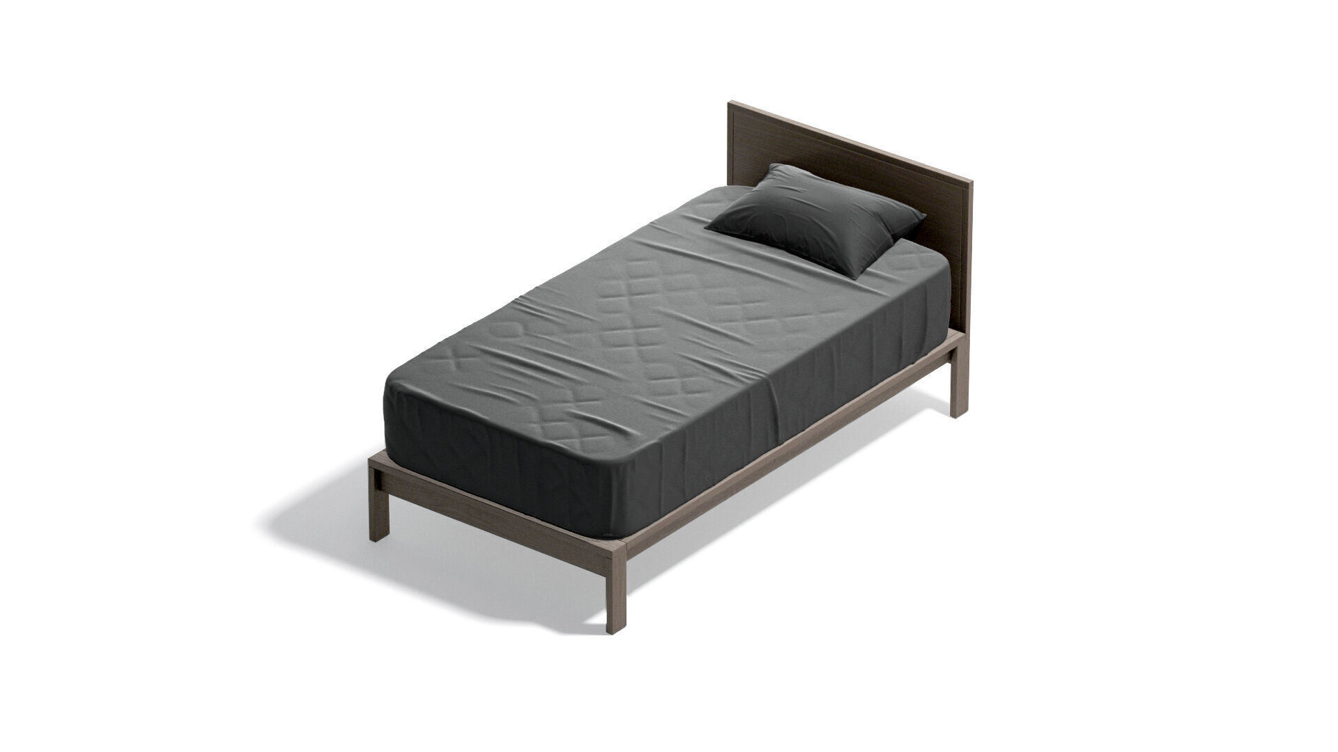 Black Wooden Single Bed with pillow and mattress 3D model_4