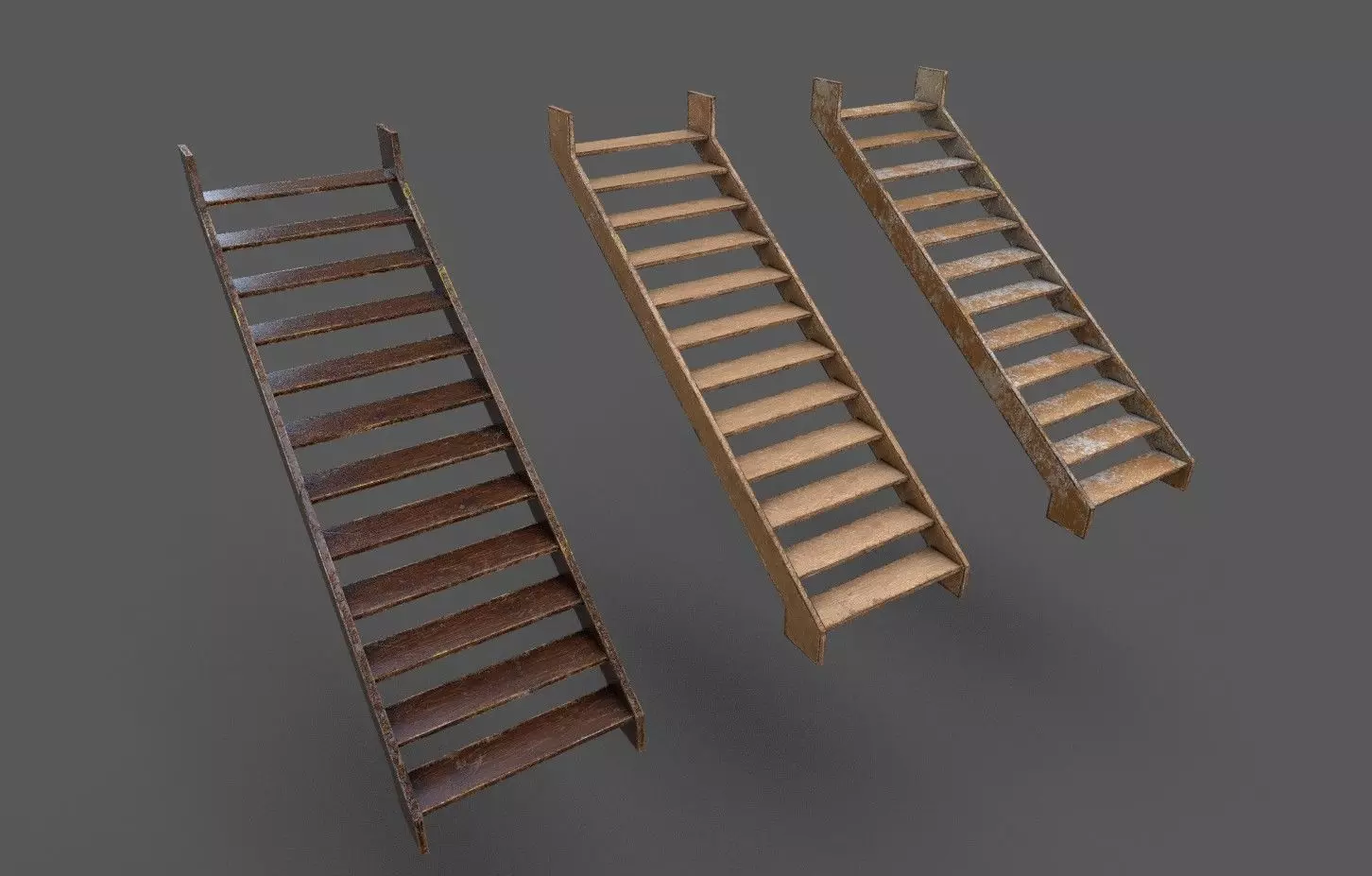 Pack 3 Old Wood Stairs Low-poly 3D model_0