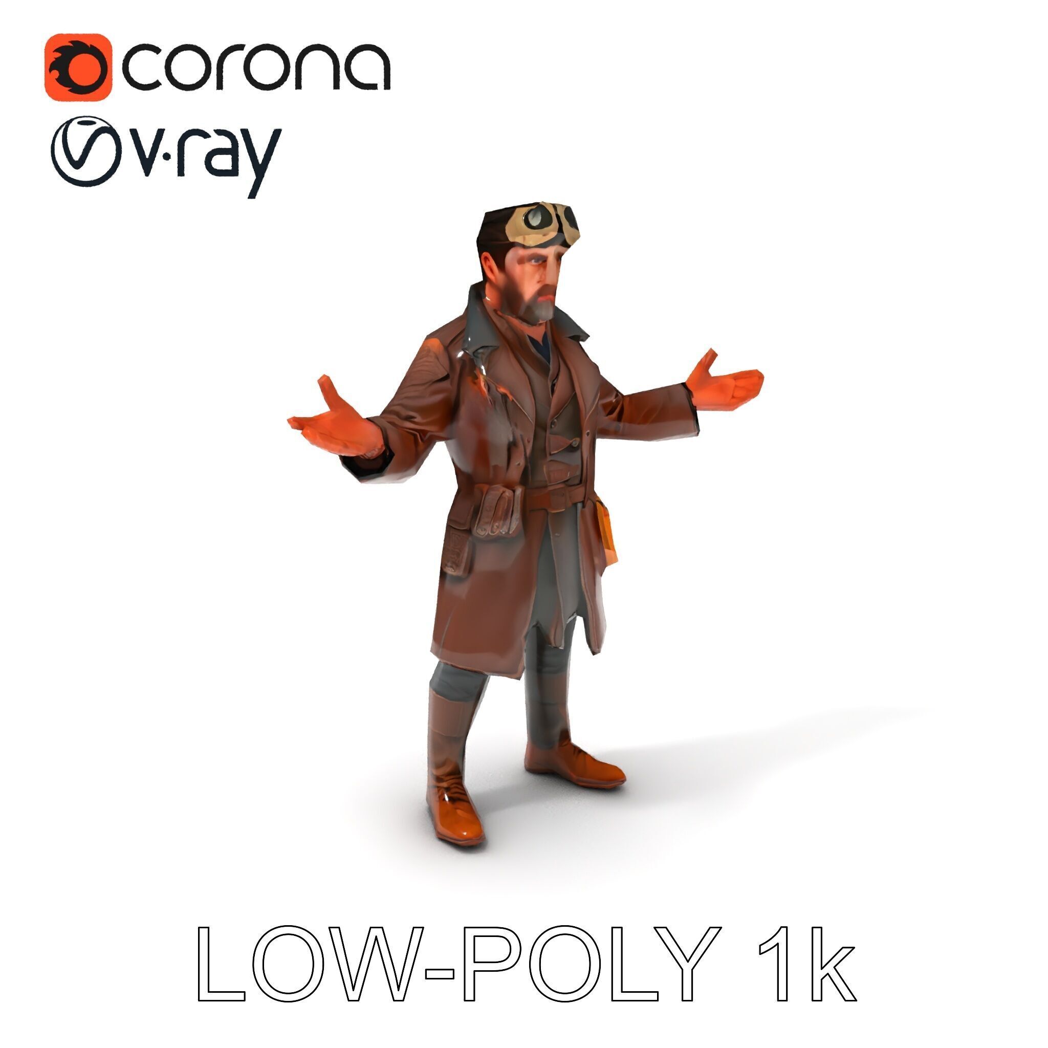 Steampunk Adventurer with Goggles and Leather Coat D Model Low-poly 3D model_12