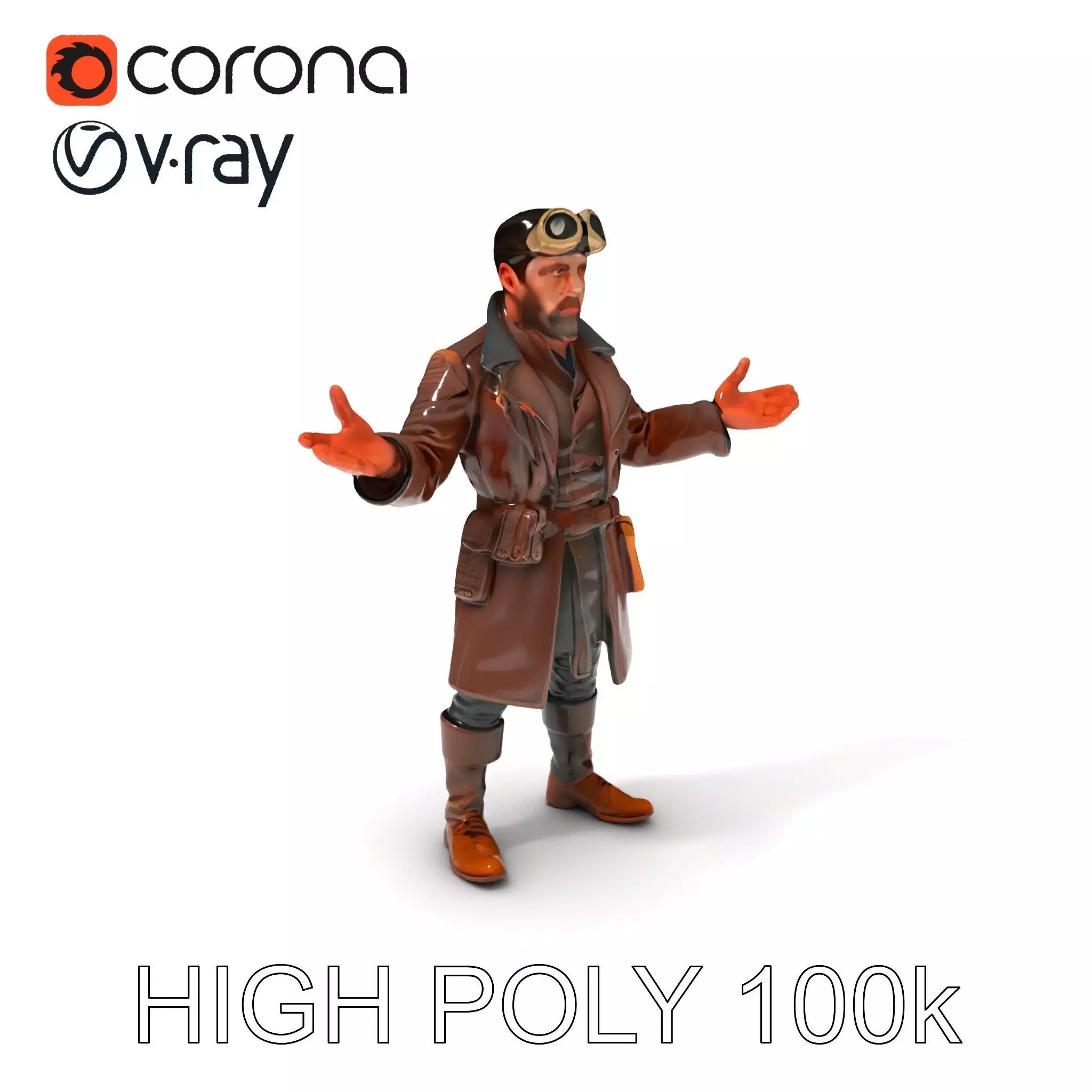 Steampunk Adventurer with Goggles and Leather Coat D Model Low-poly 3D model_0