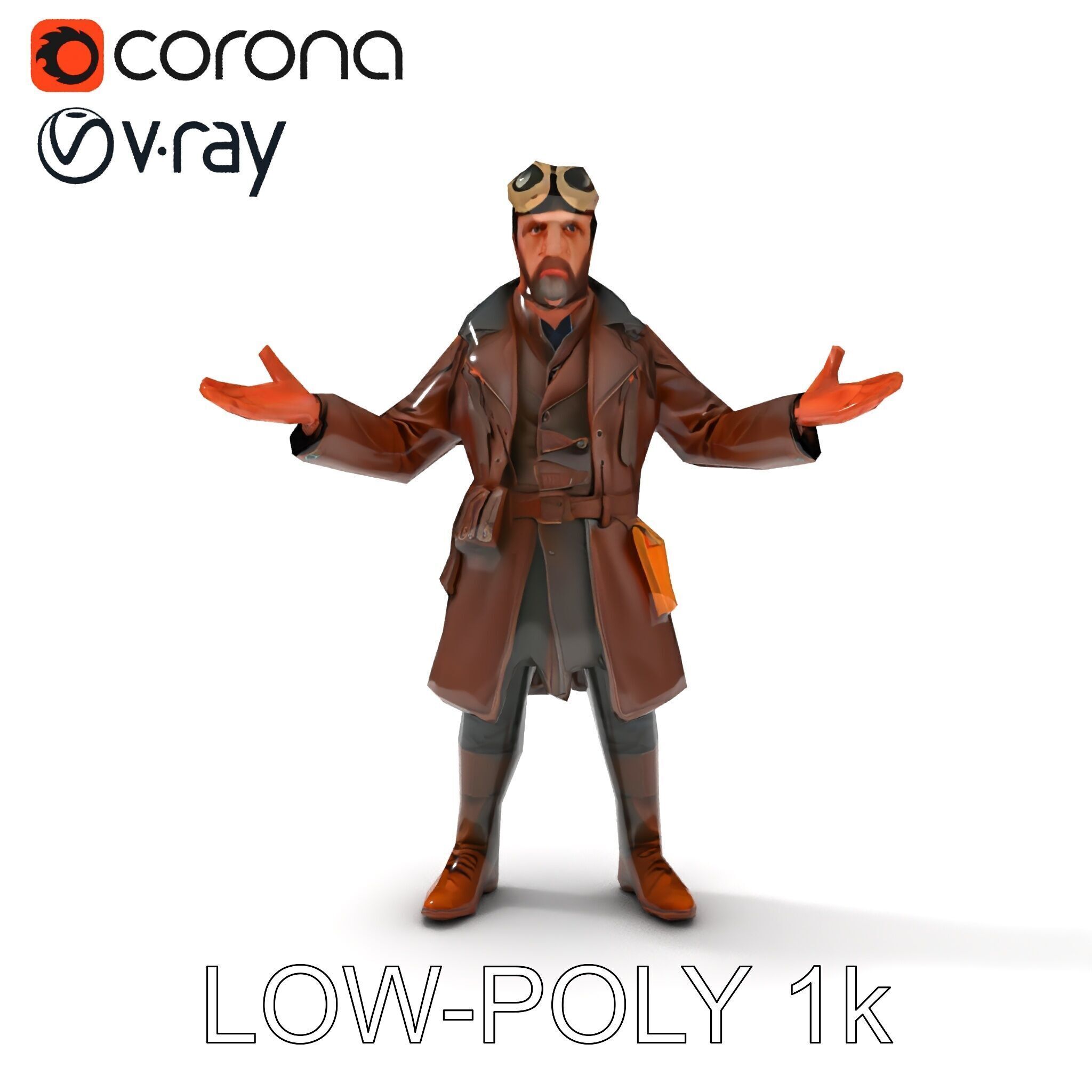 Steampunk Adventurer with Goggles and Leather Coat D Model Low-poly 3D model_17