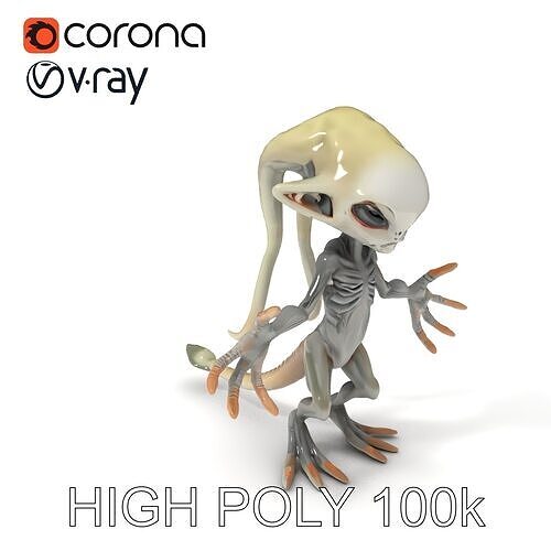 Alien Creature Character with Gray Skin and Large Eyes in TPose Low-poly 3D model