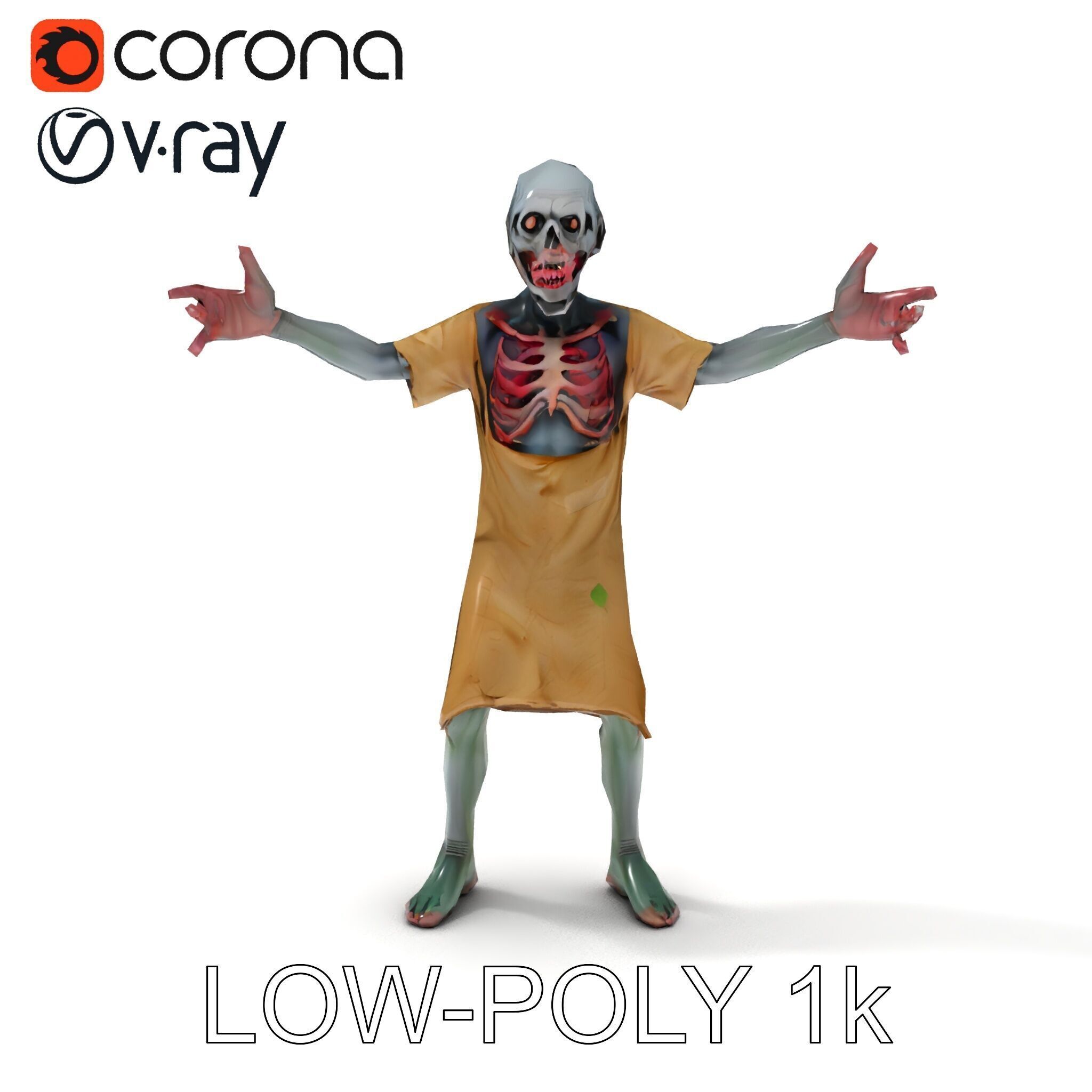 Creepy Undead Skeleton Zombie with Torn Clothes for Games and... Low-poly 3D model_18