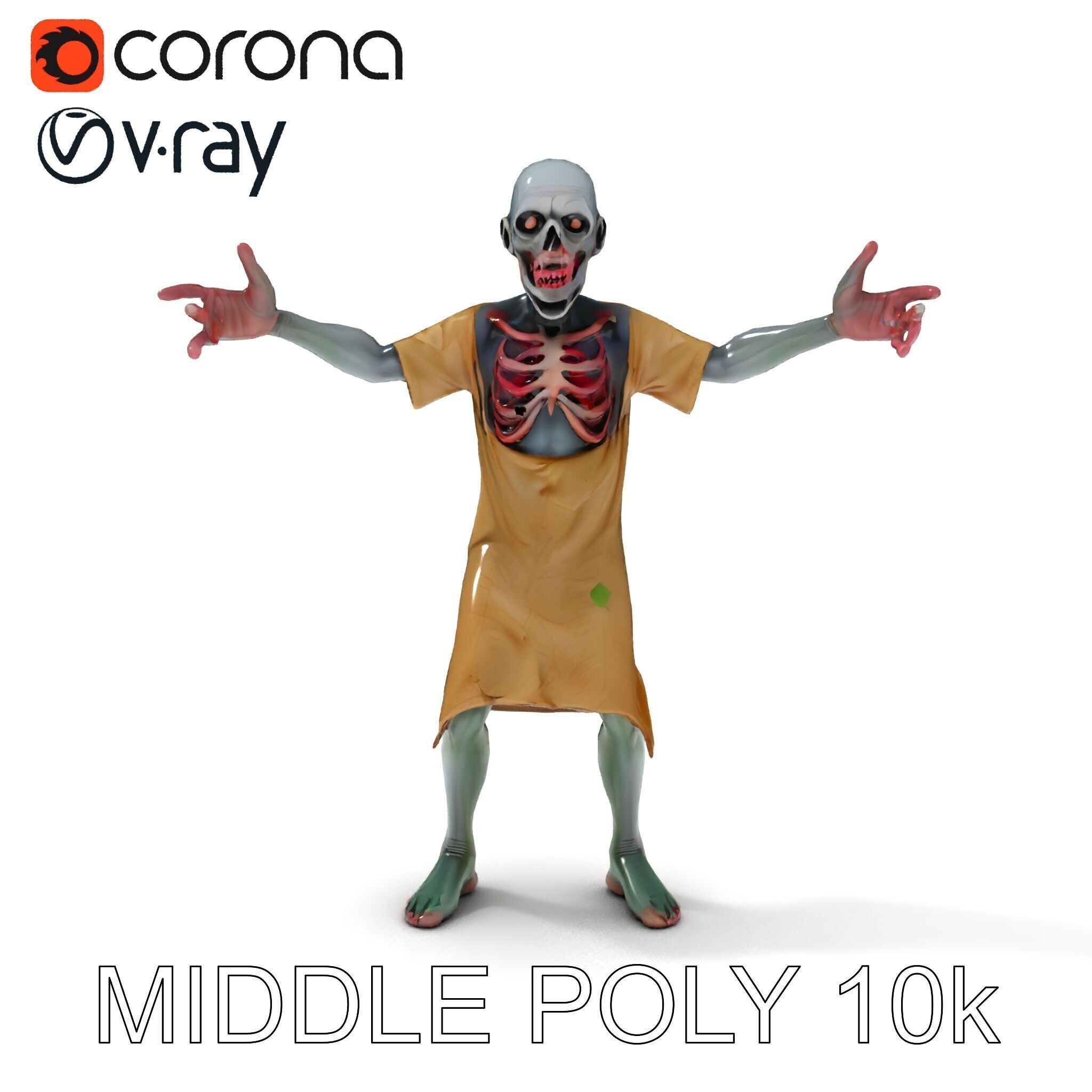 Creepy Undead Skeleton Zombie with Torn Clothes for Games and... Low-poly 3D model_9