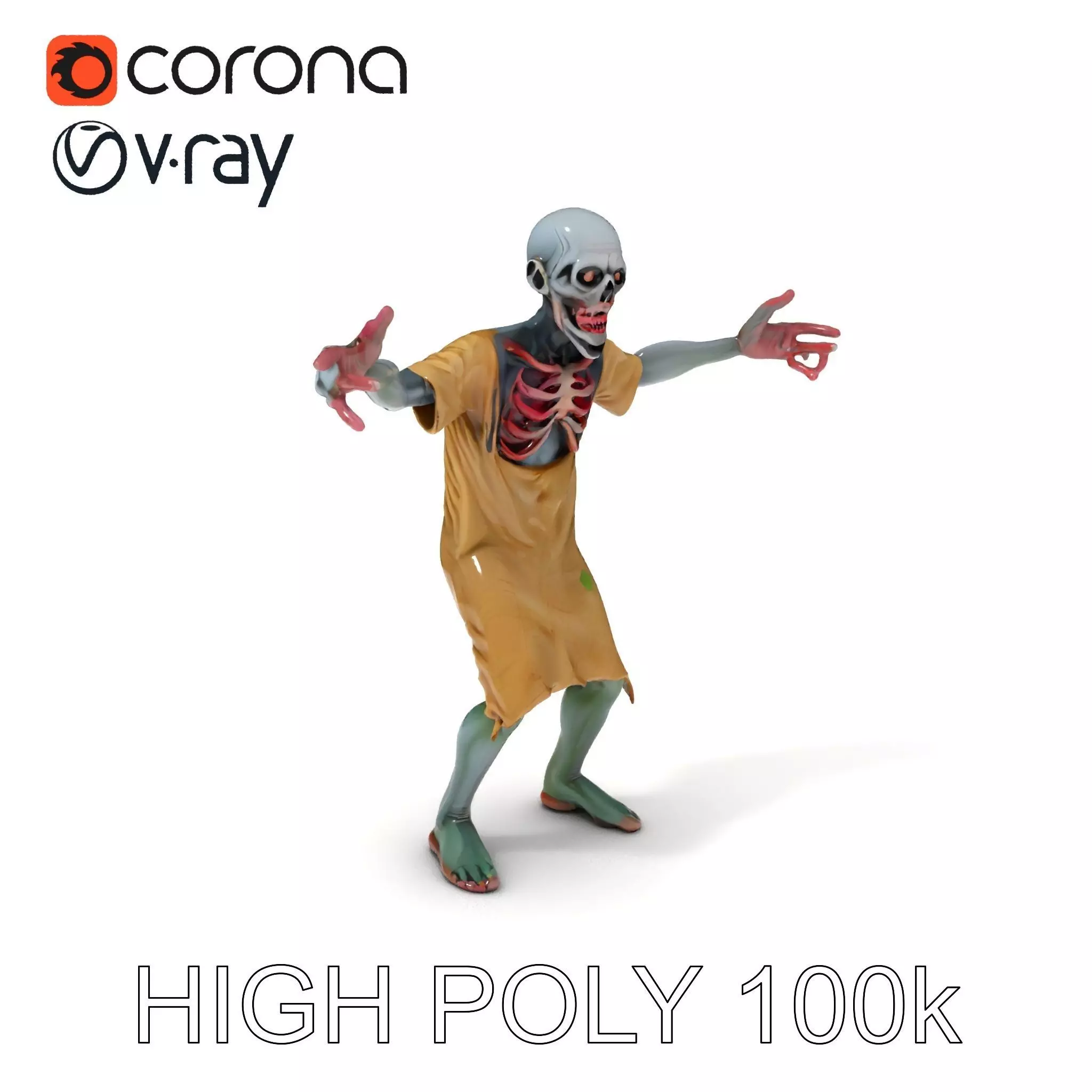 Creepy Undead Skeleton Zombie with Torn Clothes for Games and... Low-poly 3D model_0
