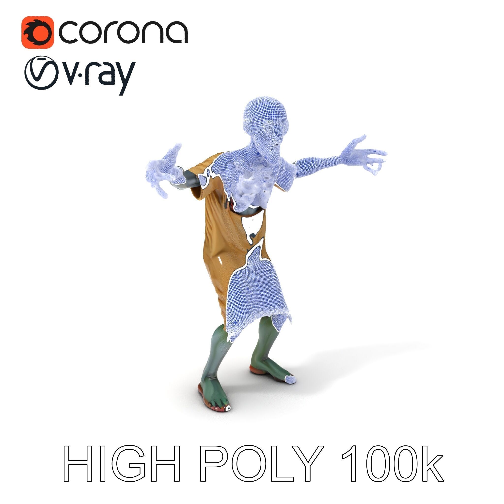 Creepy Undead Skeleton Zombie with Torn Clothes for Games and... Low-poly 3D model_3