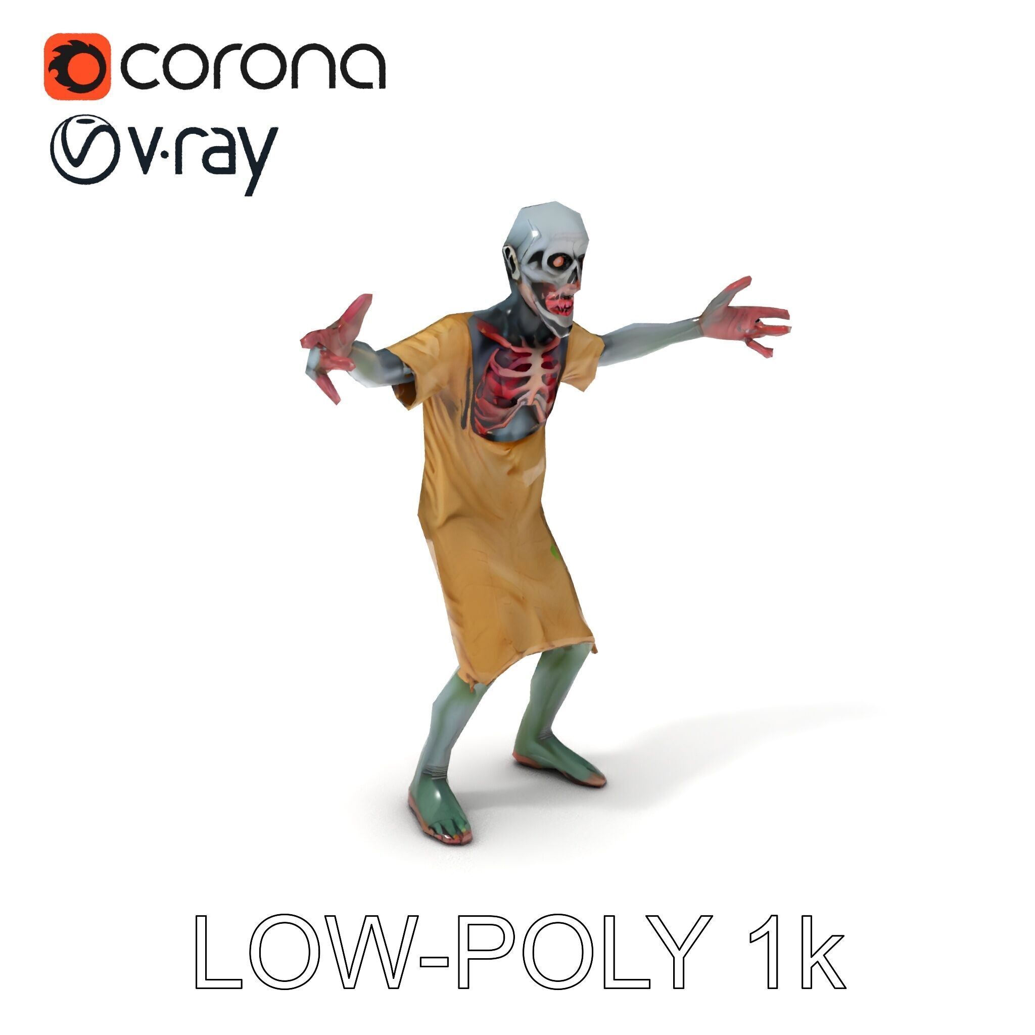 Creepy Undead Skeleton Zombie with Torn Clothes for Games and... Low-poly 3D model_15