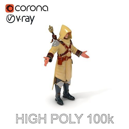 Medieval Mage D Character Model with Hooded Robe and Staff Low-poly 3D model
