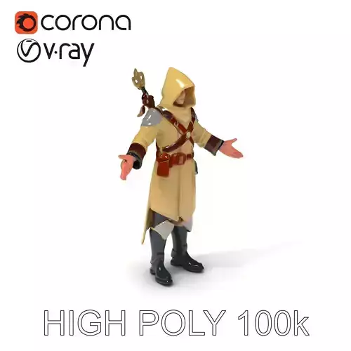 Medieval Mage D Character Model with Hooded Robe and Staff