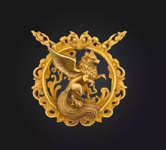Intricate Golden Griffin Pendant Necklace 3D Model