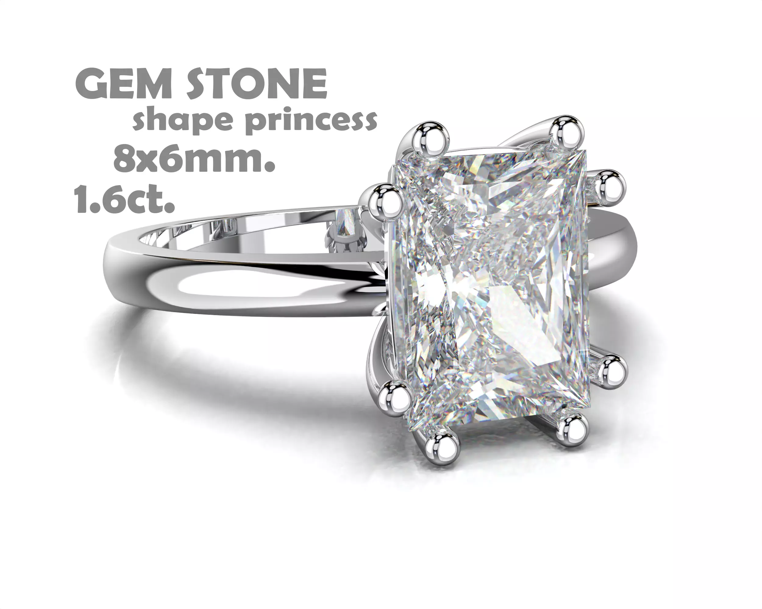 SOLITAIRE Ring with stone princess shape 8x6mm STL 3D print model_0