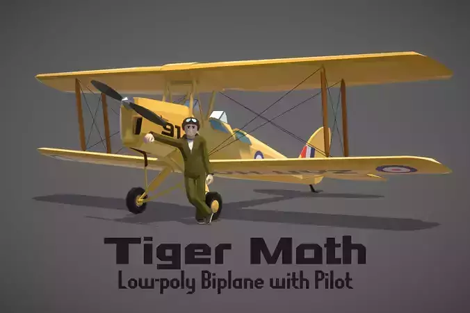 Tiger Moth - Low-poly Biplane with Pilot