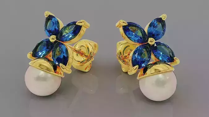 Marquise shape diamond and pearl stud earring