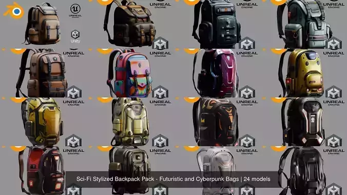 Sci-Fi Stylized Backpack Pack - Futuristic and Cyberpunk Bags 3D Model Collection