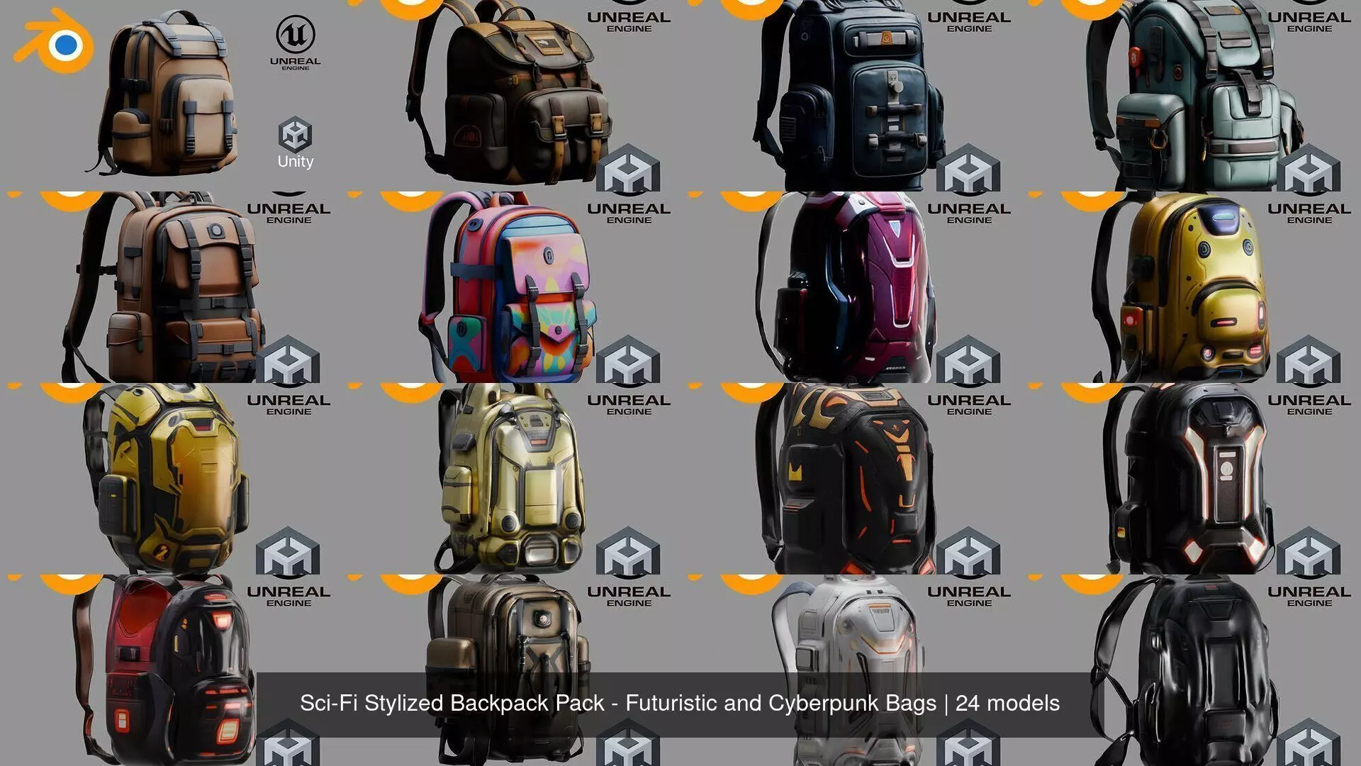 Sci-Fi Stylized Backpack Pack - Futuristic and Cyberpunk Bags 3D Model Collection_0